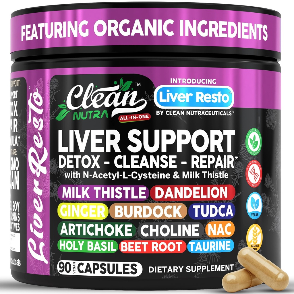 Clean Nutraceuticals Liver Cleanse Detox & Repair | Milk Thistle Supplement + NAC, TUDCA, Dandelion Root, Artichoke, Choline, Ginger, Beet Root, Burdock, Taurine, Liver Support 90 Capsules