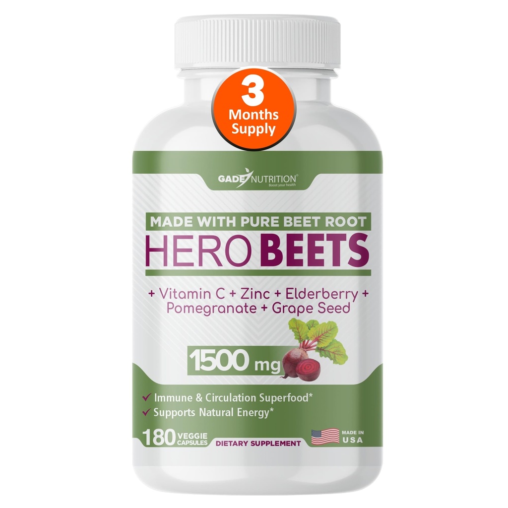 Gade Nutrition Hero Beets - Beet Root Capsules 1500mg - Organic Beet Root Powder + witamina C Cynk, Elderberry, Grape Seed Extract - 3 miesiące dostaw
