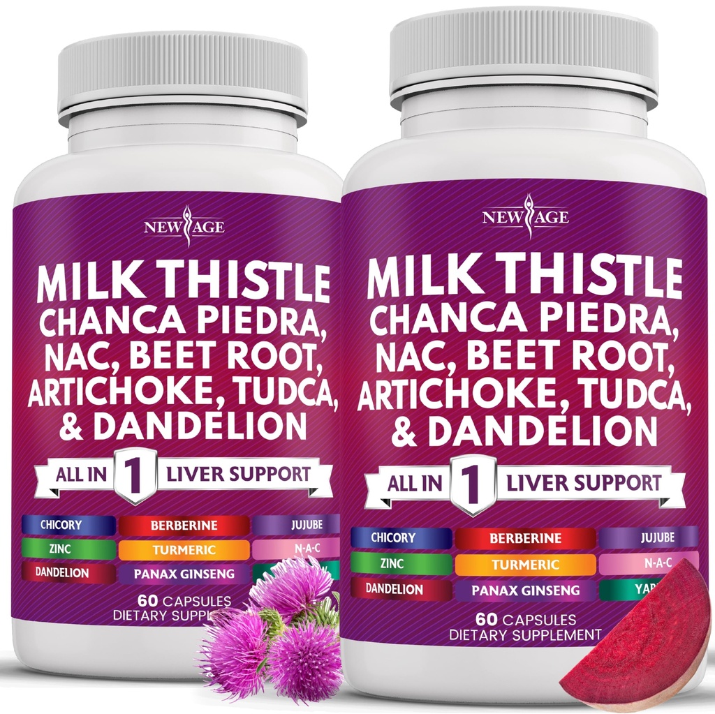 Nowy wiek Mleko Thistle NAC Chanca Piedra Beet Root Artichock Dandelion Root Astragalus - Plus TUDCA & Ginger - 120 Count