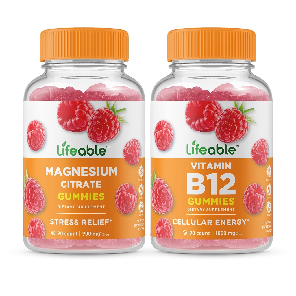 Żywy Magnez + Witamina B12, Gummies Bundle - Great Desting, Suplement witaminy, Gluten wolny, GMO wolny, Gummy do żucia