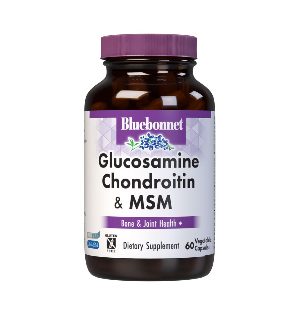 Bluebonnet Nutrition Glucosamine Chondroitin & MSM, Glucosamine, Bone & Joint Health*, Non-GMO, Gluten-Free, Soy-Free, Dairy-Free, 60 Vegetable Capsules, 20 Servings