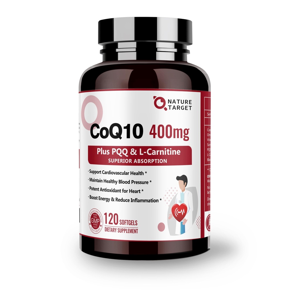 NATURE DOCELOWE CoQ10- 400mg z PQQ, Omega- 3 i L- karnityna, koenzyme- Q10 o wysokiej absorpcji z bioPeriną, Wspomaga Serce, Mózg, System immunologiczny, Produkcja energii, 120 Sługi