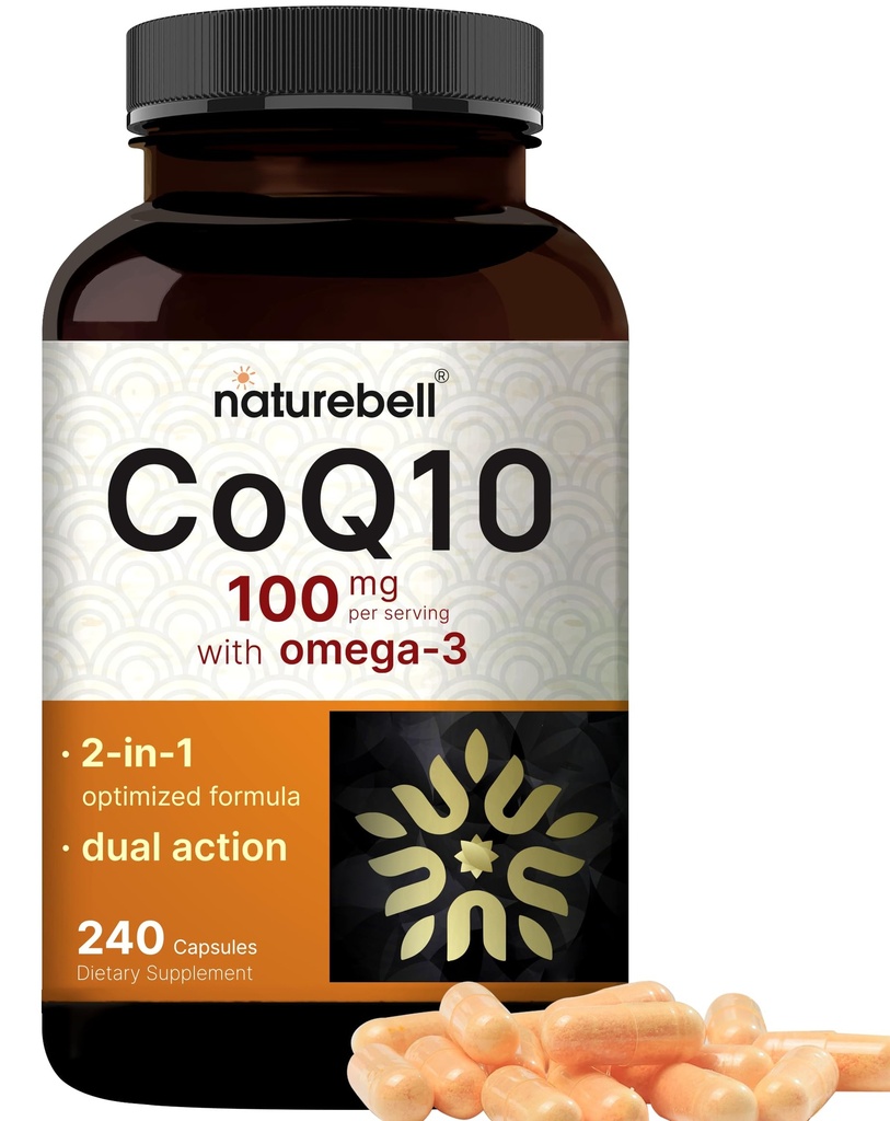 NatureBell CoQ10 100mg z Omega 3, 240 Kapsułki 124; Stabilny, wysoki stopień wchłaniania - Przeciwutleniacz Wsparcie dla Heart & Energy Health - Dodatkowa siła Koenzym Q10 Suplement
