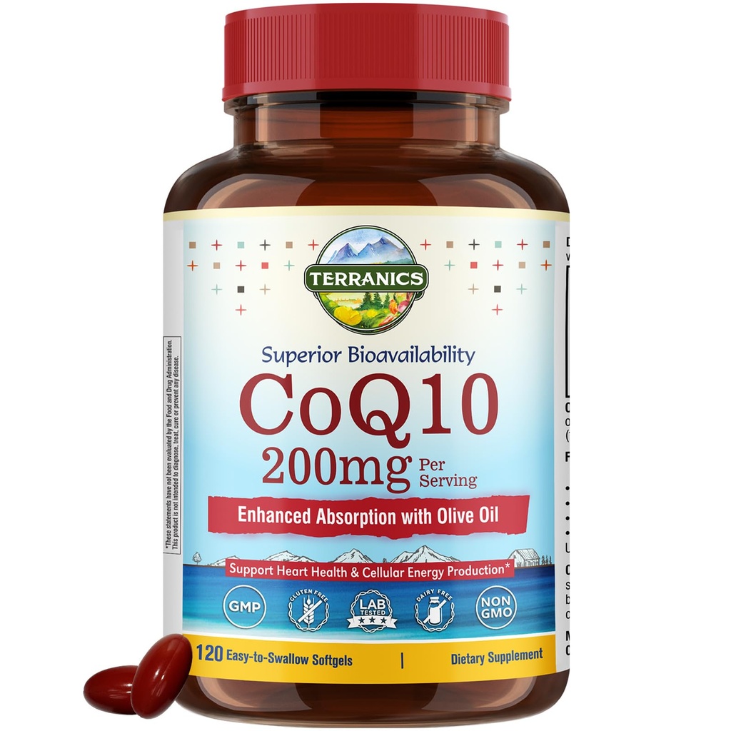 Terranics CoQ10 200mg, Koenzym Q10 Suplement z Extra Virgin Olive Oil do zwiększonej absorpcji, Made in USA, Wspiera zdrowie serca, Ochrona przeciwutleniająca, Produkcja energii, Non-GMO, 120 Softgels