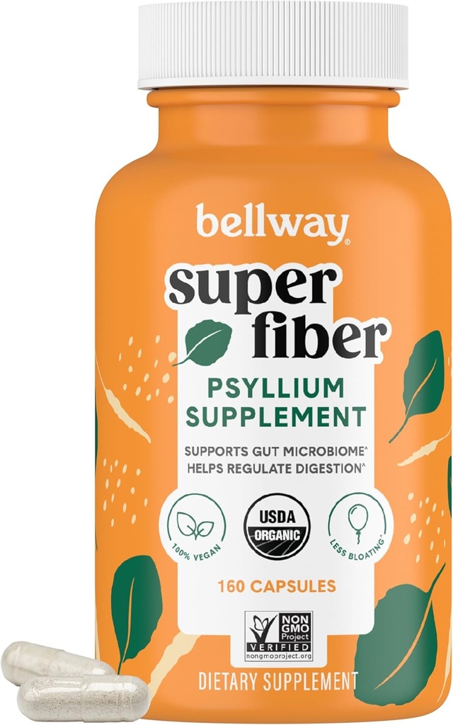 Bellway Super Fiber Kapsułki - USDA Organic Psyllium Husk Kapsułki - Daily Psyllium Husk Fiber Suplement do Żywienia Zdrowia i Regularności - Rośliny oparte, Non-GMO, Kosher - 160 Kapsułki