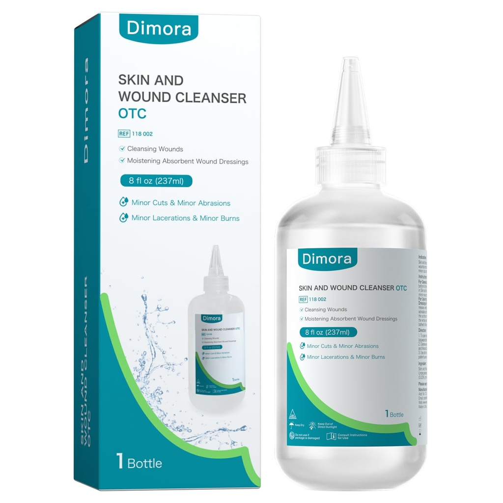 Dimora Skin and Wound Cleanser, OTC First Aid Antiseptic Cleanser,Moistening Absorbent Antibacterial Wound Dressings for Cuts, Abrasions, Lacerations, Burns, Skin Cleansing and Rinsing -8oz / 237mL