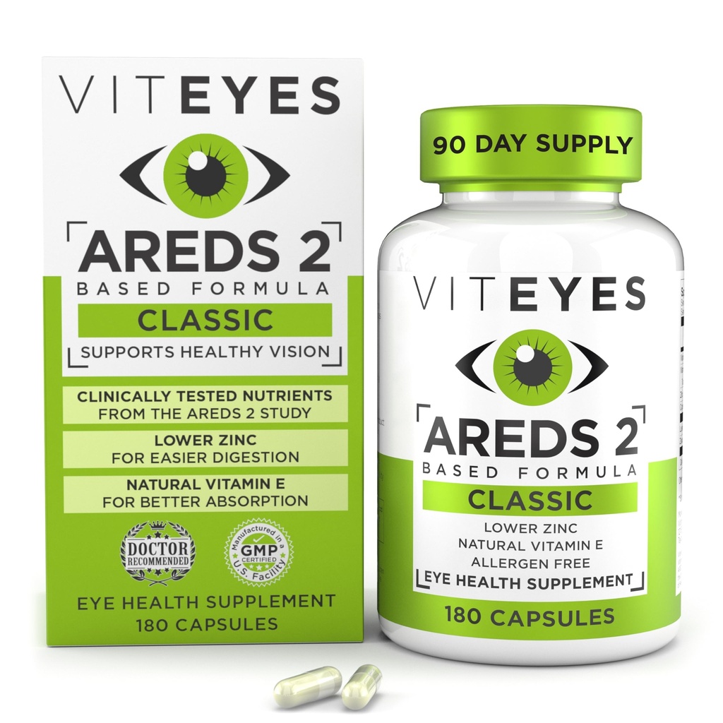 Viteyes AREDS 2 Witaminy oka, Classic Macular Support, Allergen wolne kapsułki, z naturalną witaminą E, Witamina C, Cynk, Miedź, Luteina i Zeaksantyna, Eye Doctor Trusted, Produkowane w USA, 180 Ct