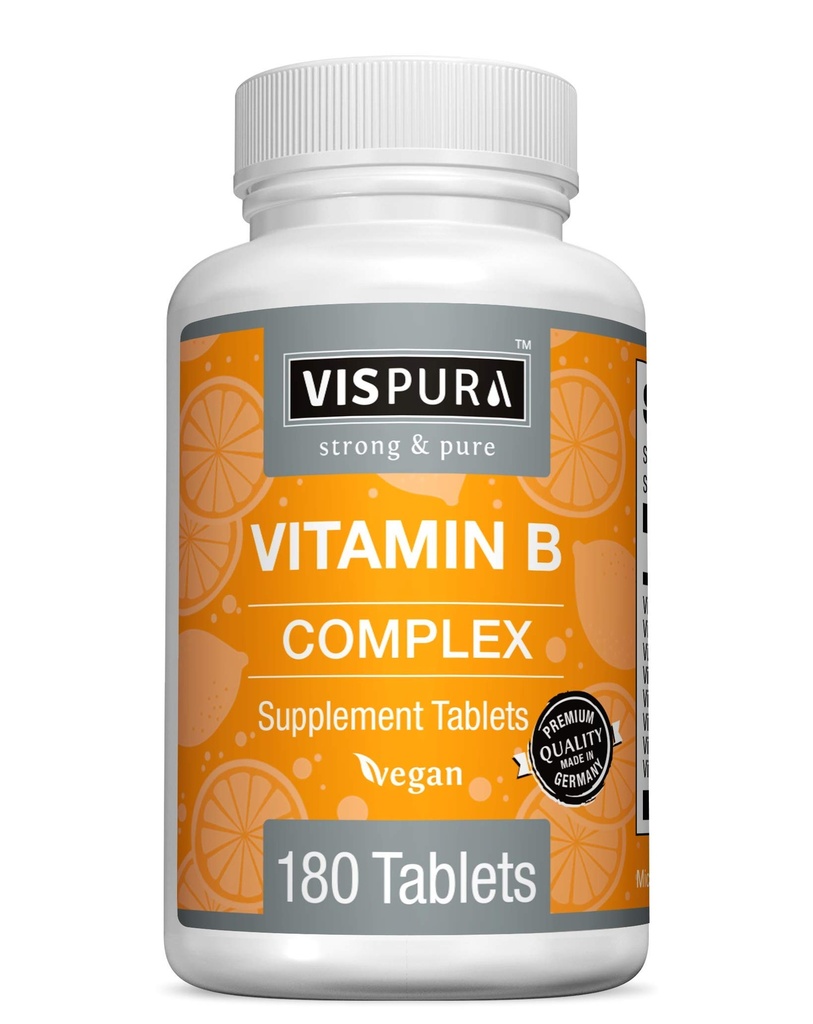 Witamina B- Complex, 180 Vegan Tablets, Wszystkie witaminy B Włączając B12, B1, B2, B3, B5, B6, B7, B9, Kwas foliowy, do stresu, Energii i zdrowego systemu immunologicznego *, Natural Supplement Bez dodatków