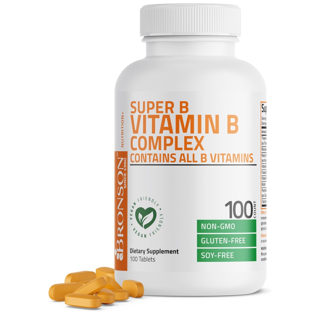 Bronson Witamina B Complex (Witamina B1, B2, B3, B6, B9 - Kwas foliowy, B12), 100 tabletek