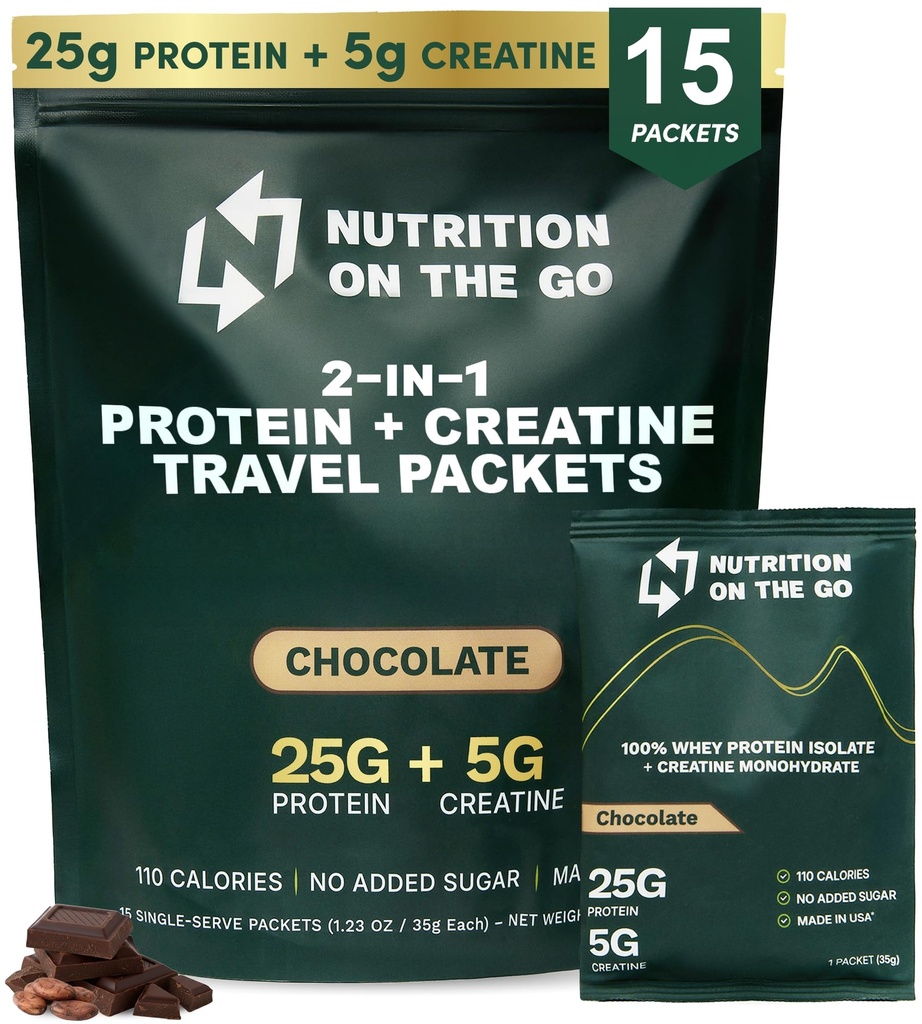 Nutrition On The Go Whey Protein Isolate Pakiety z Creatine - 25g Protein + 5g Creatine - Single- Serve Travel Protein Powder - 5.9g BCAA, Keto & Low- Carb, Gluten- Free Czekolada (15- Pack)