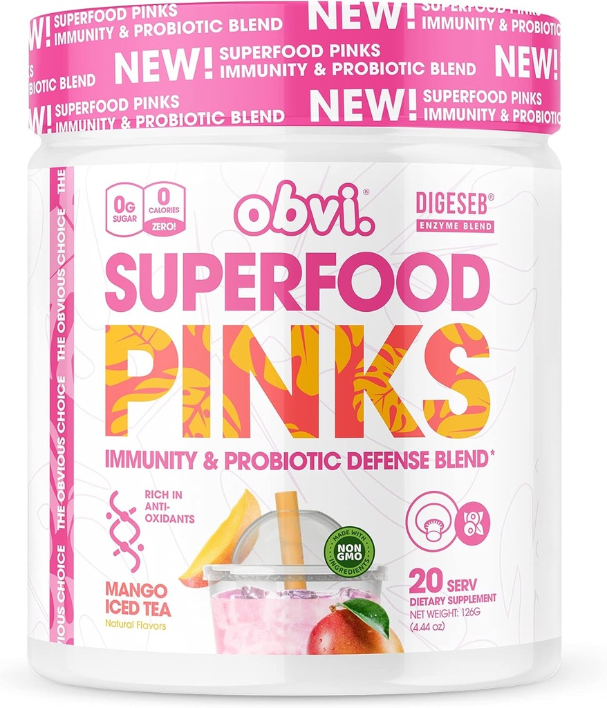 Obvi Superfood Pinks Probiotic Blend 124; Bogaty w przeciwutleniacze, Adaptogeny, Digestive Enzym Blend, Immune Support, Gut Health British 124; Keto, Gluten- Free, No Sugar, 10 Billion CFU British 124; Mango Iced Tea, 20 Servings