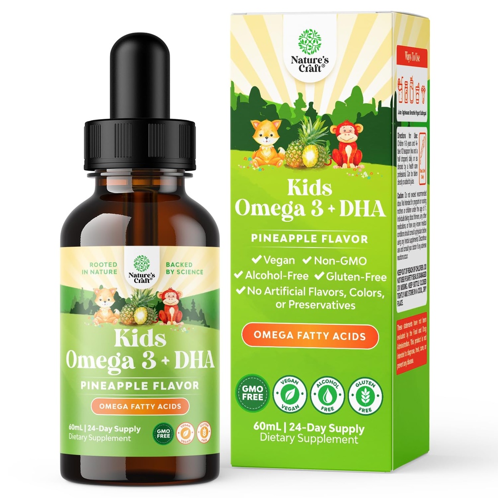 Dzieci DHA Omega 3 Krople - Kwasy tłuszczowe Omega 3 6 9 dla mózgu, Siła immunologiczna & Wizja - Żywotna DHA dla dzieci dla zdrowego układu nerwowego i wsparcia koncentracji - Suplement płynny z EPA i ALA - 2 Fl Oz