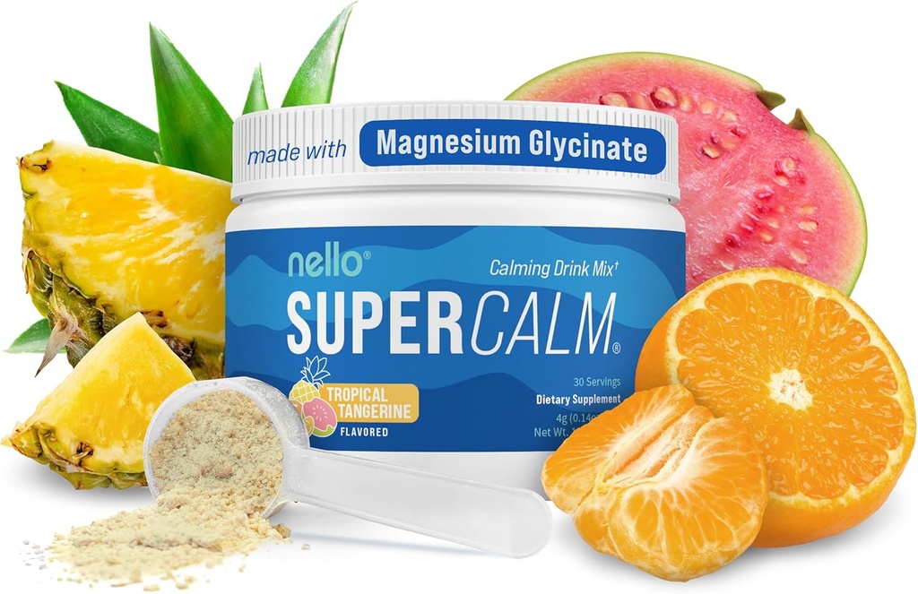 Nello Supercalk Drink Sproszkowany Mix, Tropical Tangerine, L Theanine, Ksm- 66 Ashwagandha, Magnezu Glycinate, Witamina D 3, Suplementy do Relaxation & Focus, Natural, No Sugar, Non GMO, 30 Srvg