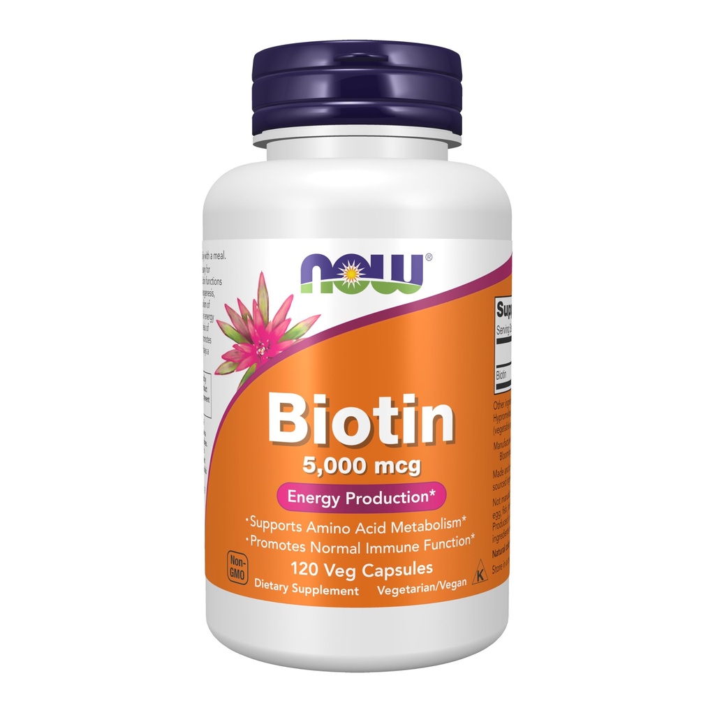 NOW Foods Supplements, Biotin 5,000 mcg, Amino Acid Metabolism*, Energy Production*, 120 Veg Capsules