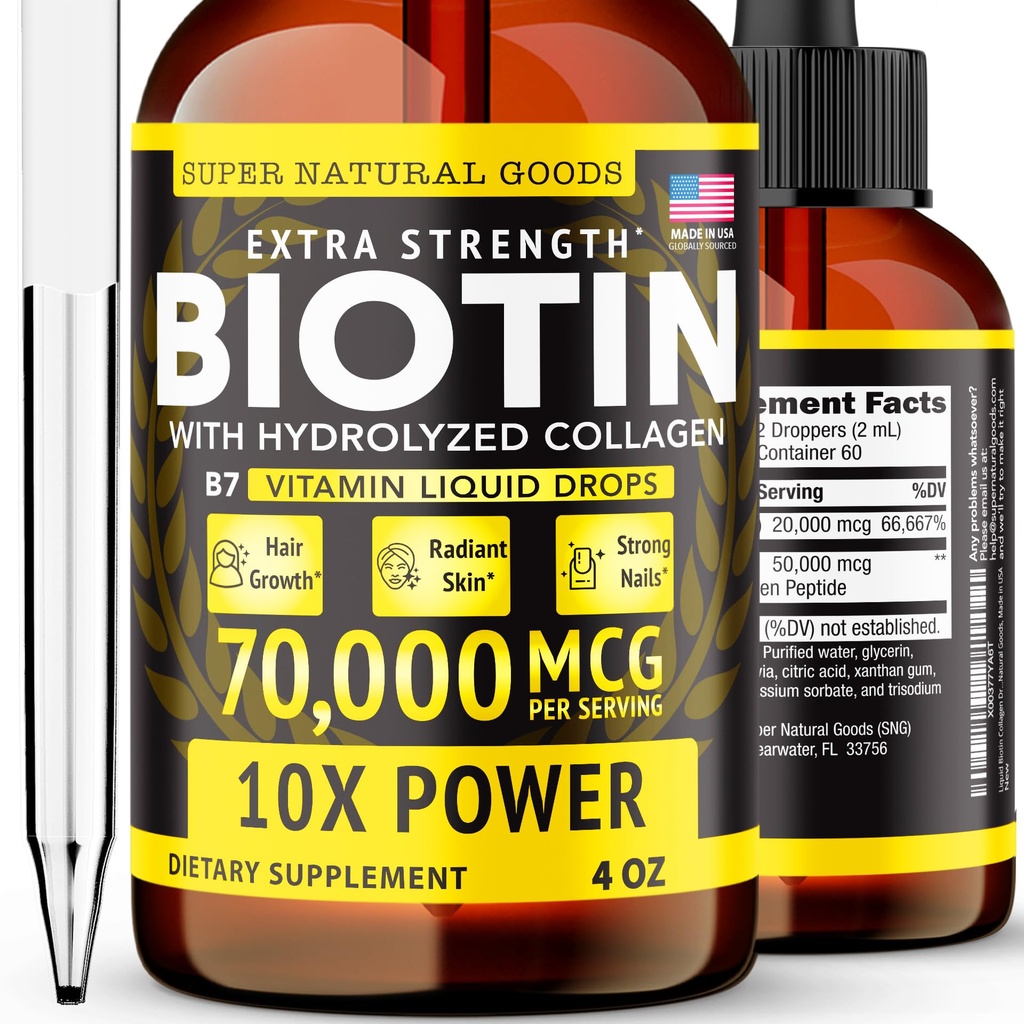 Super Natural Goods Liquid Biotin & Collagen 70,000mcg Hair Growth Vitamin Drops - Radiant Skin, Strong Nail Support - High Potency Hair Loss Supplement for Damaged Strands, for Men & Women (4oz)