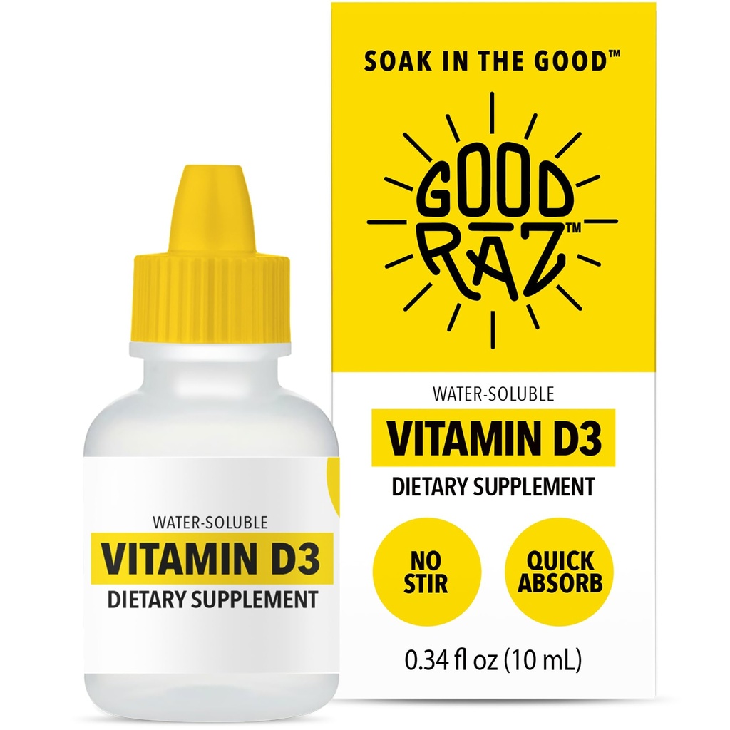 Witamina D3 Krople dla dorosłych 4- Miesiące Zaopatrzenia - Rozpuszczalny w wodzie Witamina D, Nie-GMO, Suplement koszerny - Łatwe wchłanianie, Nie Mieszać, Płyn D3 Flavorless do jedzenia lub picia