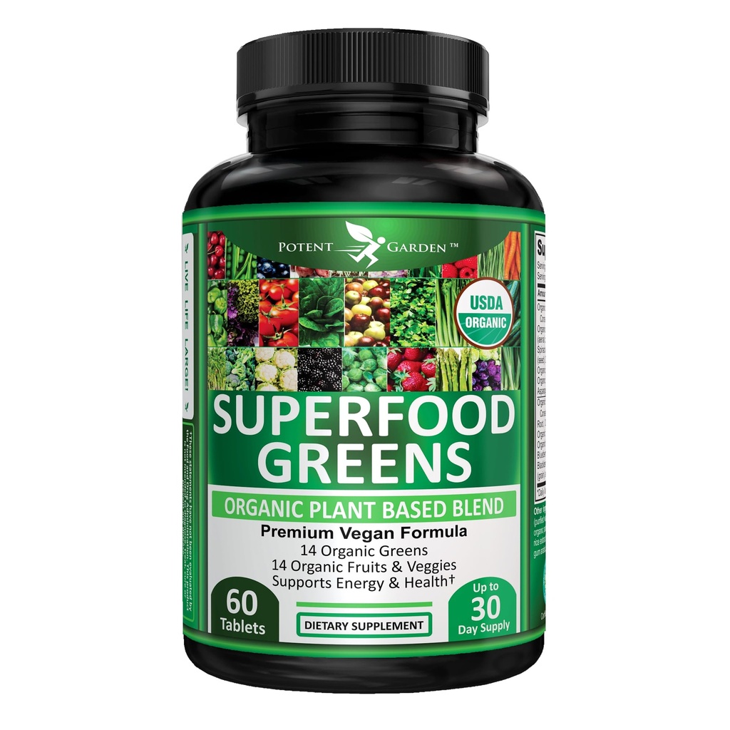 Pothent Garden Organic Superfood Zielone, Owoce i warzywa suplement bogaty w witaminy i przeciwutleniacze z Alfalfa, Buraki & Tart Cherry to Boost Energy, Immunitet & Gut Zdrowie, Zielone tabletki 60 Ct