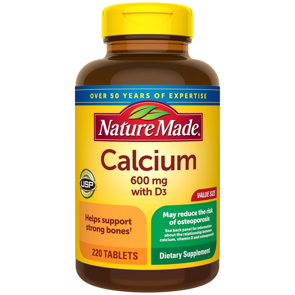 Nature Made Wapń 600 mg z witaminą D3, Suplement diety dla wsparcia kości, 220 tabletek