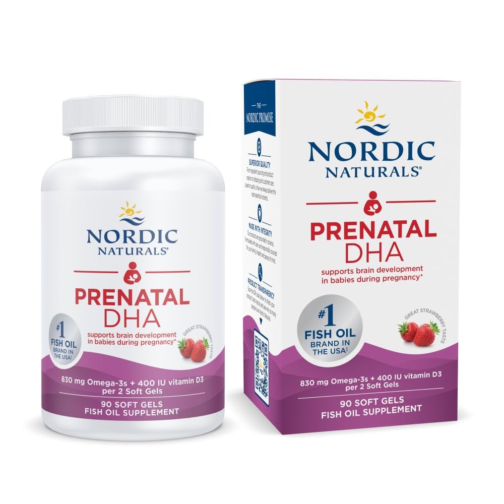 Nordic Naturals Prenatal DHA, Strawberry - 90 Soft Gels - 830 mg Omega-3 + 400 IU Witamina D3 - Non-GMO - 45 Służenie