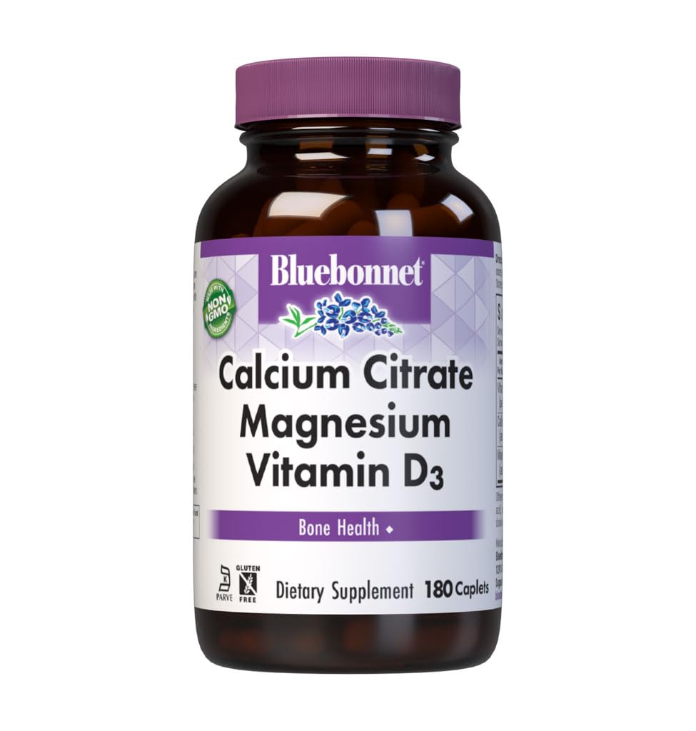 Bluebonnet Nutrition Calcium Citrate Magnesium Plus Vitamin D3 Caplets, Bone Health & Muscle Relaxation, Non GMO, Gluten, Soy & Milk Free, Kosher, White, Unflavored, 180 Count