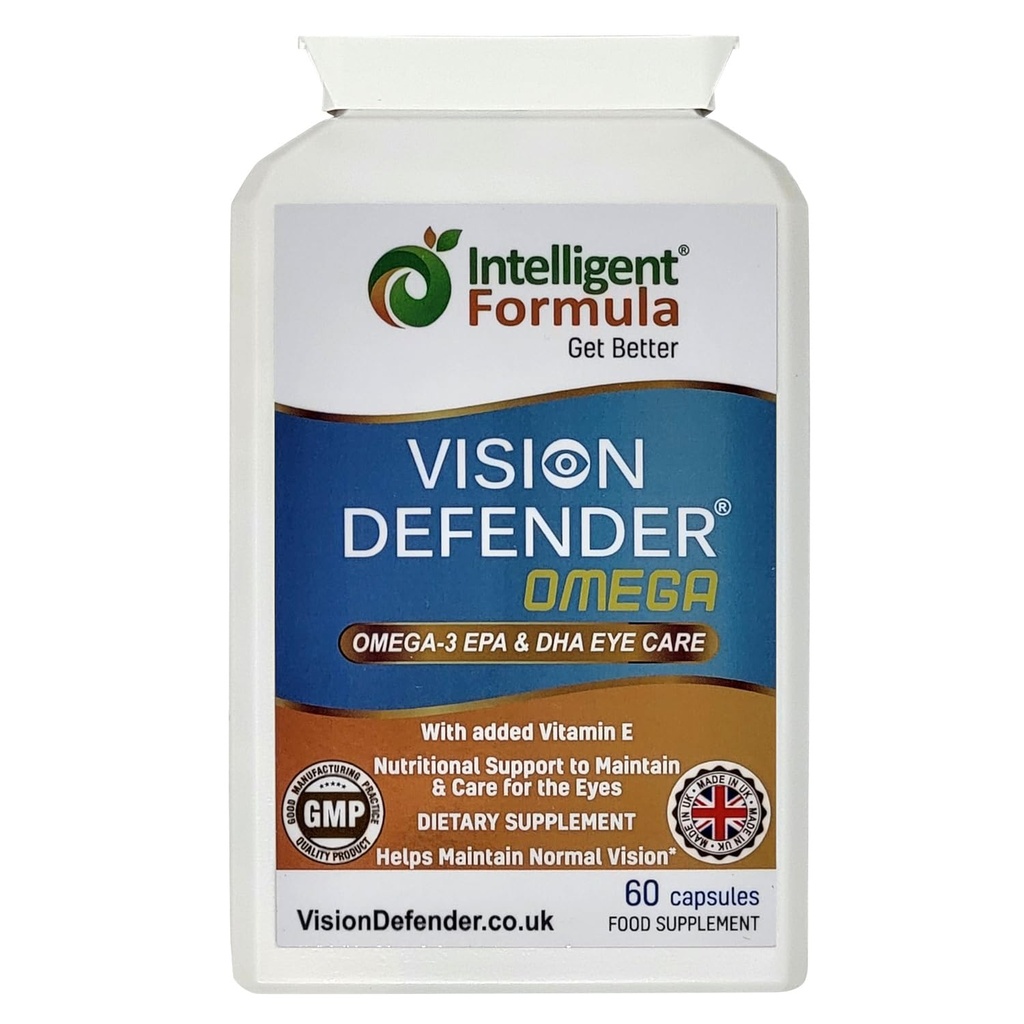 DEFENDER WIZJI OMEGA Eye Supplement: Care and Relief for dry eyes, Improve Eye Health- High Strength 1000mg Pure Omega-3 Fish Oil (400mg EPA, 200mg DHA na kapsułkę) + Witamina E (60 Softgels) Made in UK