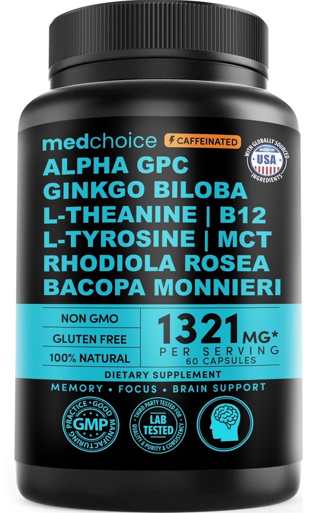 12- in-1 Nootropowy suplement mózgu z kofeiną bezwodny: Ginkgo Biloba na wsparcie mózgu, Pamięć i Focus - B12, Alpha GPC, L Theanine i suplementy choliny z Bioperine 1321mg (60ct)