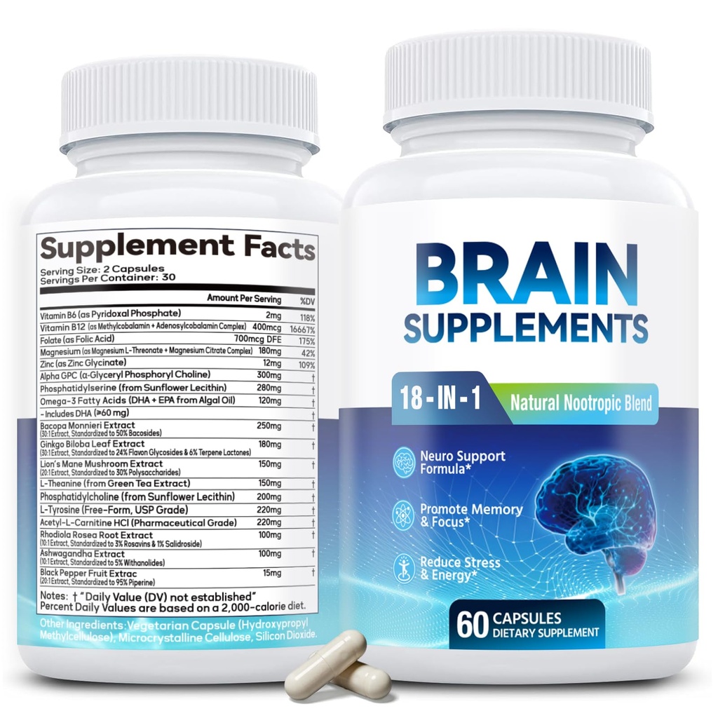 18- in-1 Suplement Brain for Memory and Focus - Kapsułki nootropowe z Alpha GPC, Bacopa, Ginkgo Biloba, Lwie 's Mane, Witamina B6 & B12 Baxter 124; Zdrowie Cognitive, Mental Clarity