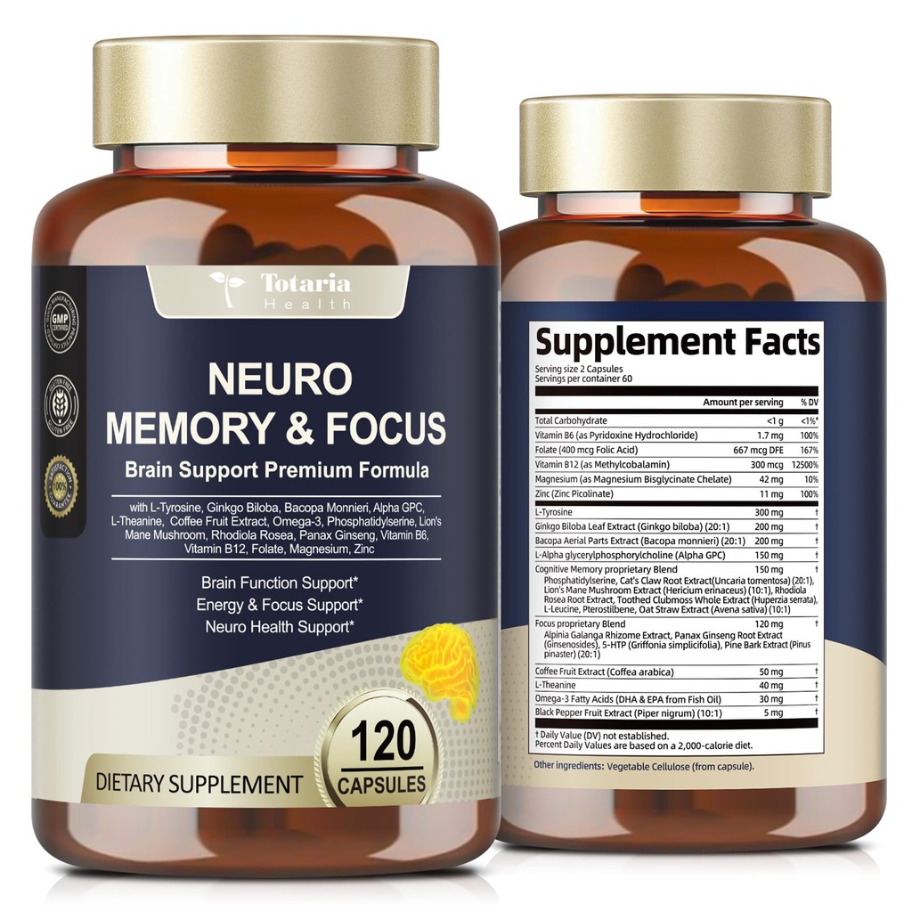 Totaria Brain Supplements for Memory and Focus, Brain Health with L- Tyrosine, Alpha GPC, Ginkgo Biloba, Bacopa Monnieri, Nootropic Cognitive Support - Non- GMO, Gluten Free (120 liczników)