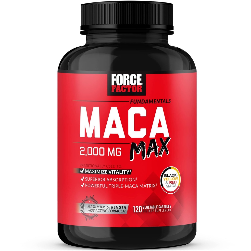 Force Factor Maca Max, Maca Kapsułki korzeniowe do maksymalizacji witalności i wydajności, Made with Black Maca, Red Maca, & Yellow Maca Powder, Maca Root Powder, 2000mg, 120 Kapsułki