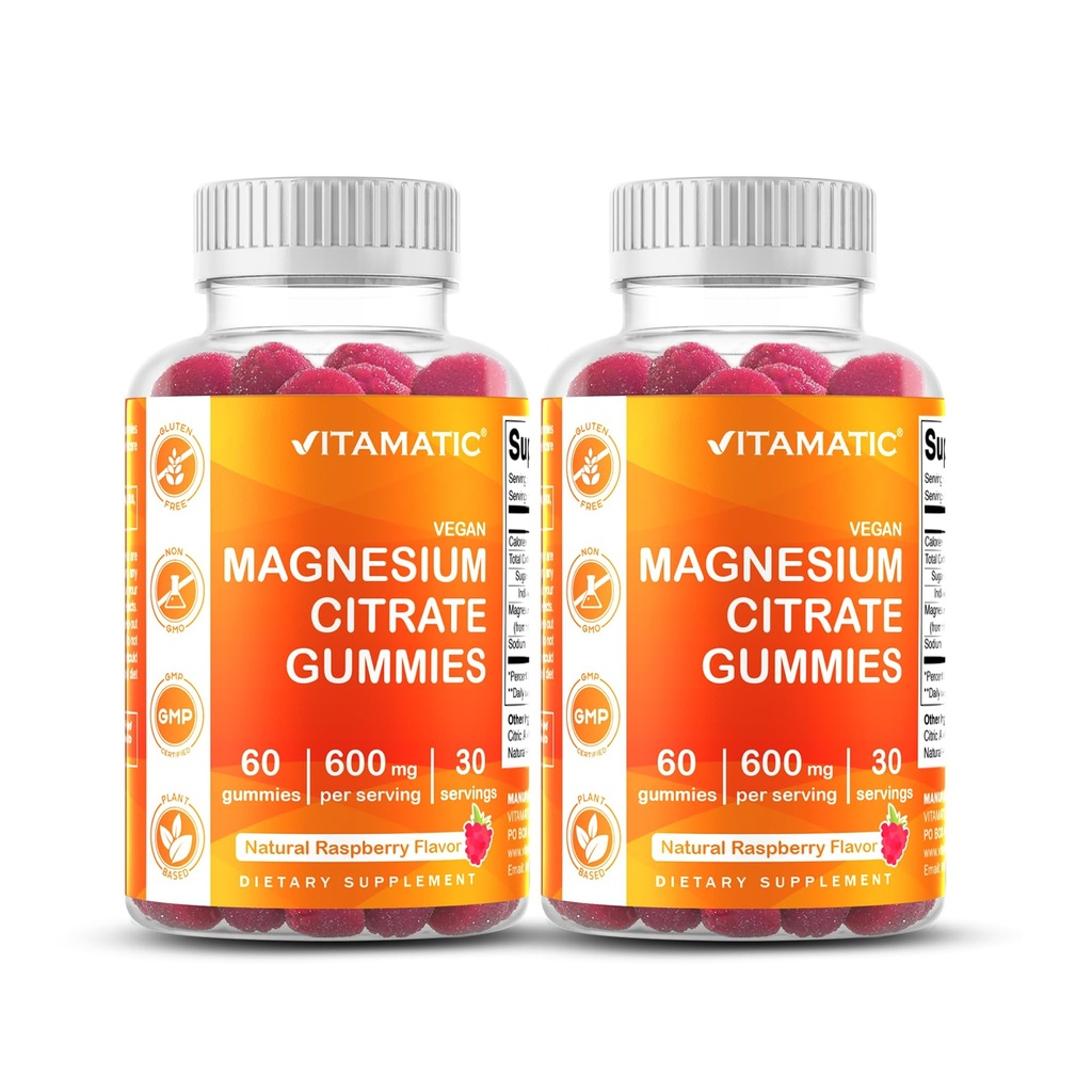 Cytrynian magnezu vitamatic Gummies 600mg na serwowanie - 60 Count - Promotes Healthy Relaxation, Mięśnie, Kości, & Wsparcie energetyczne (Pack of 2)