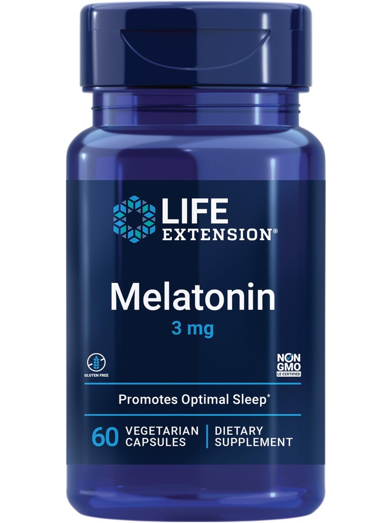 Przedłużenie życia Melatonina, 3 mg, Optimal Sleep Support, Zdrowy krąg rytmy, Cellular Defense, Gluten- Free, Non-GMO, Wegetarianin, 60 Kapsułki
