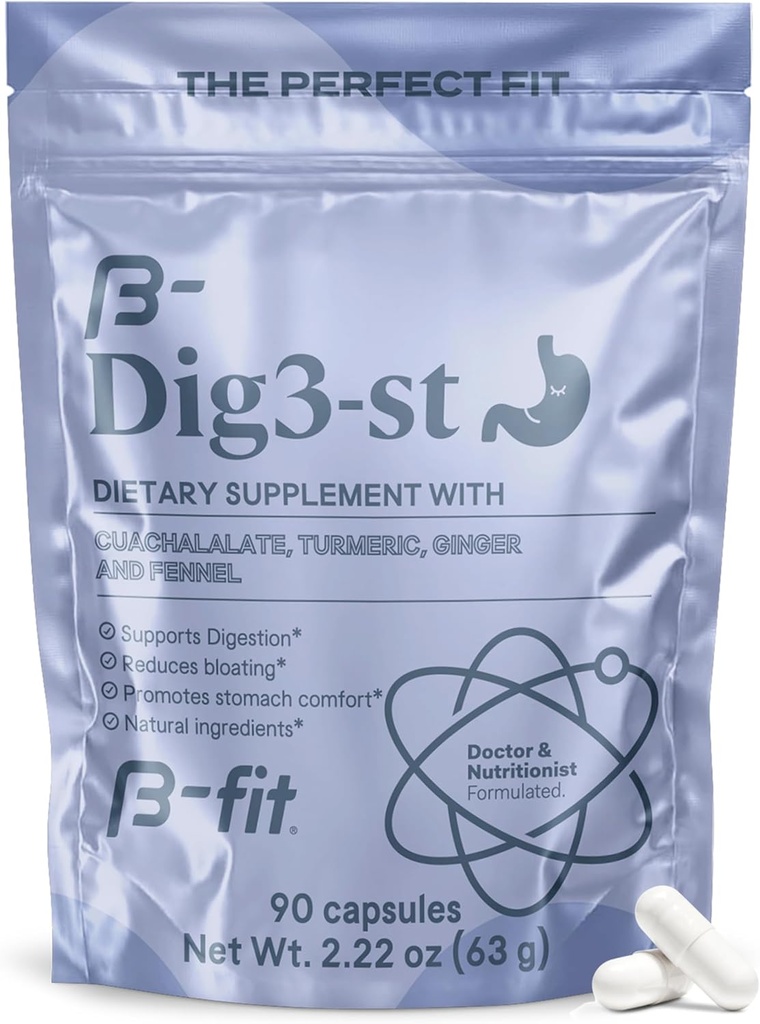 B- FIT Digestive Herbal Supplement - Ginger Root, Turmeric, Fennel i Cuachalalate - 60 Kapsułek - 100% Natural Formula dla łatwej trawienia i żołądka Comfort - Użyj przed posiłkami