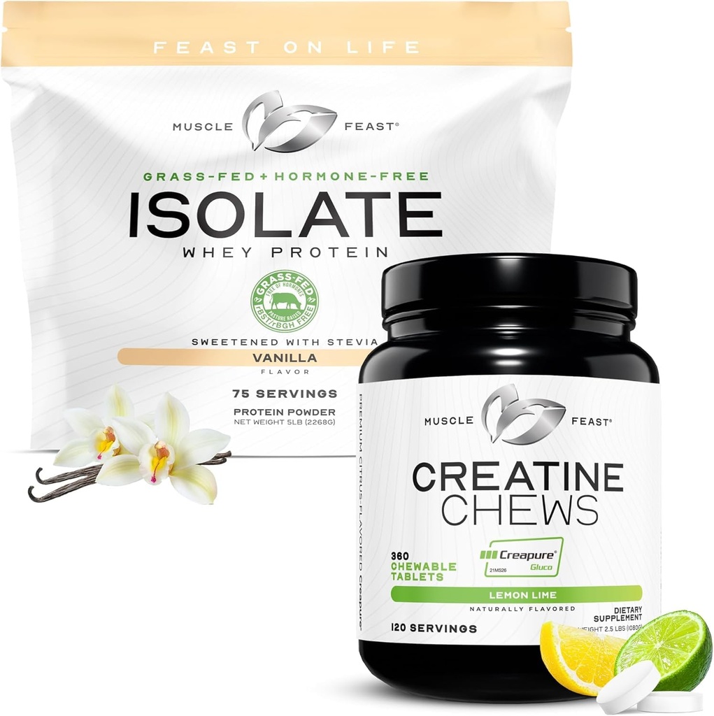 Muscle Feast Isolate + Creatine Candy Bundle: 1 Whey Protein Isolate (Vanilla, 5lb) + 1 Creatine Candy (Lemon Lime, 360) Next 124; Premium Supplements, Vegetarian, Gluten Free