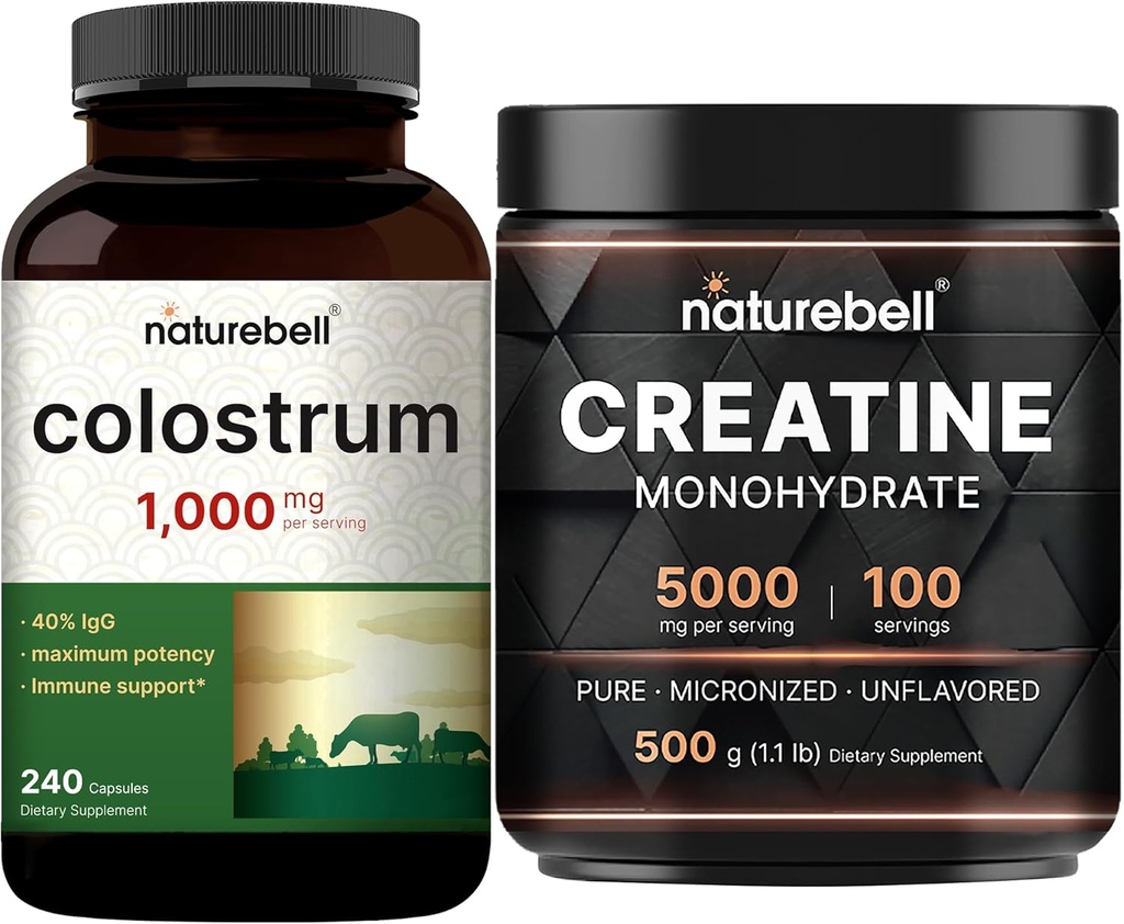 NatureBell Kreatyna jednowodny proszek i kolostrum 240 Kapsułki 1,000mg Na Podawanie Pakiet Bundle 124; Wysoka Absorpcja Mikronizowane Kreatyna 124; Pierwsze mleko matki z bydła karmionego trawą