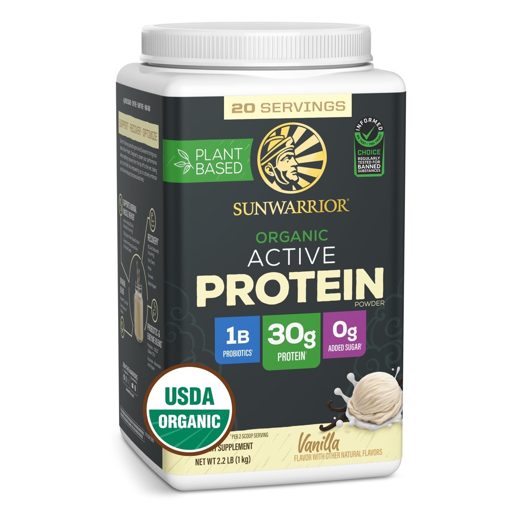 Sunwarrior Organic Plant Based Protein Powder | Vegan Organic Protein Powder with BCAA Amino Acids Plus Recovery Minerals & Botanicals | Non-GMO Soy Dairy & Gluten Free (Vanilla, 20 Servings)