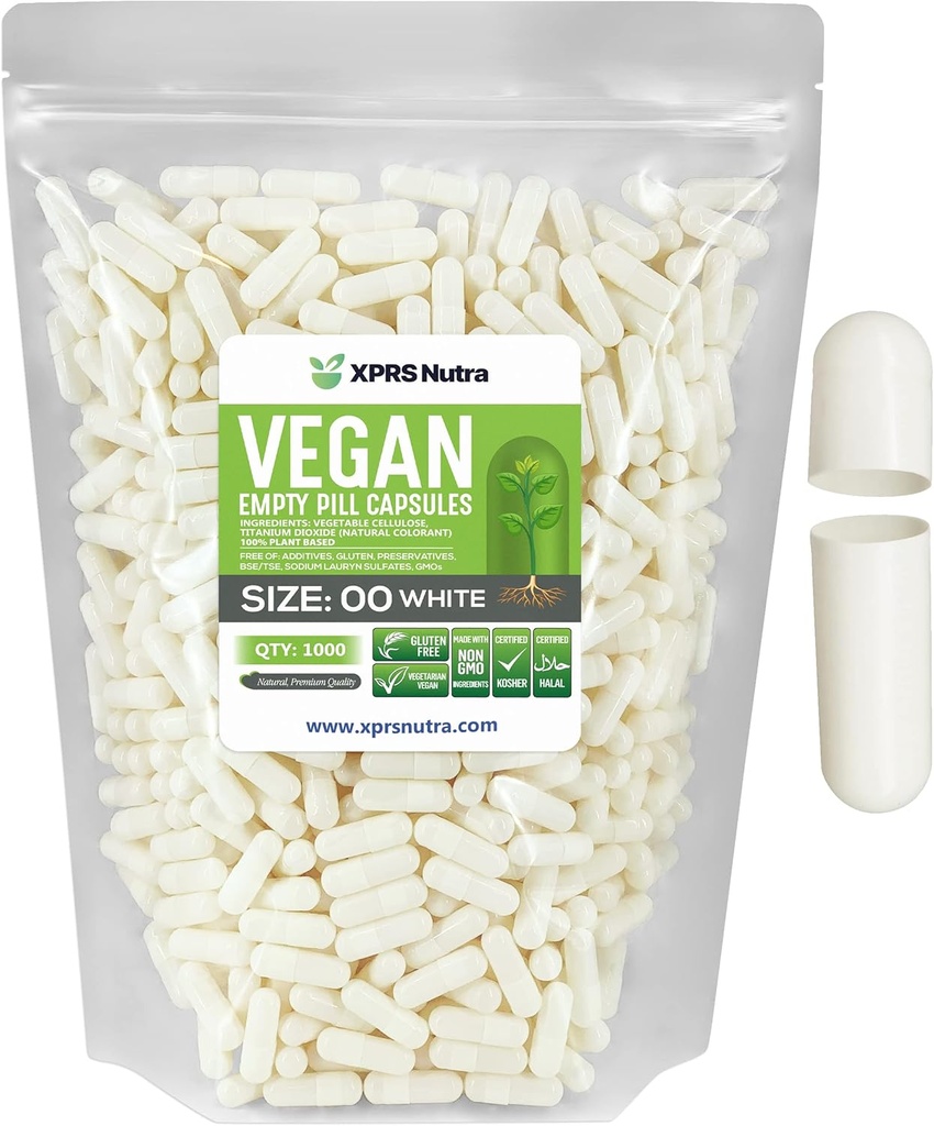 XPRS Nutra Rozmiar 00 Puste kapsułki - 1000 Hrabia Puste kapsułki wegańskie - Wegetariańskie pigułki - DIY Vegetable kapsułki wypełnianie- Veggie Pigułki Czapki na Do- It- Yourself Supplements (Biały)