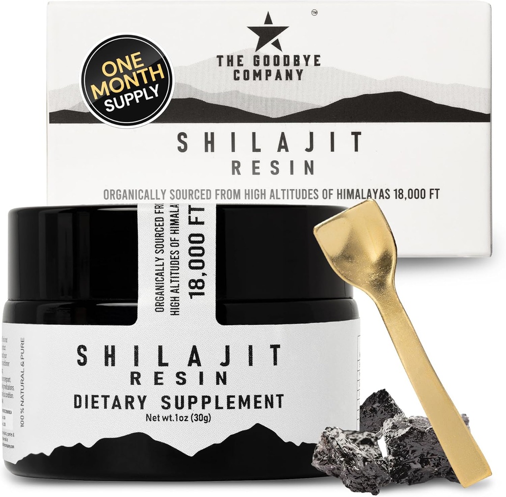 The Goodbye Company Pure Shilajit Resin - Organic z 85 + Ślad minerałów i czystego kwasu Fulvic; dla mężczyzn i kobiet Energy Boost, Muscle Building, Stamina, Vitality Supplement 3- Miesiące dostaw