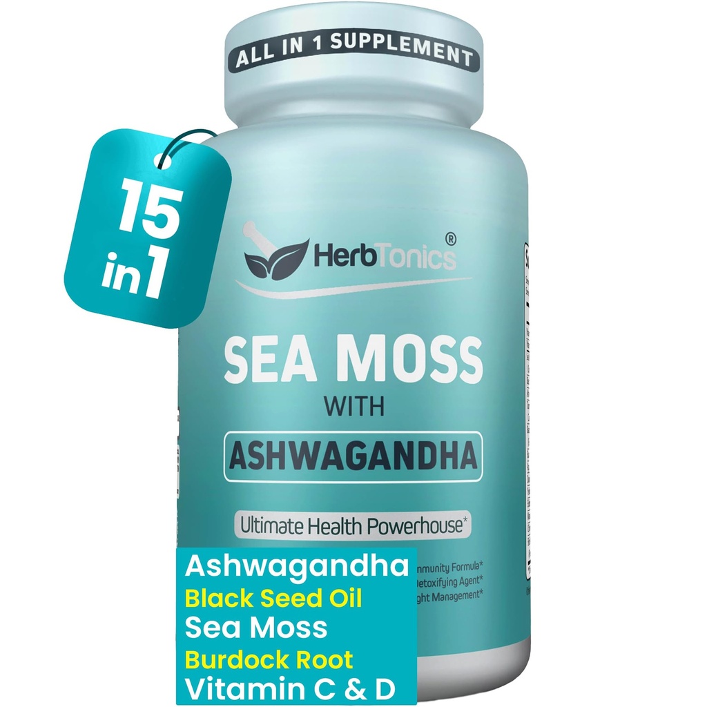 Herbtonics Sea Moss, Black Seed Oil, Ashwagandha, Burdock Root & ACV Complex Downloader 124; Boost Immunitet, Reduce Stress, Support Diseasure Oil 124; All- in- One SeaMoss Capsules