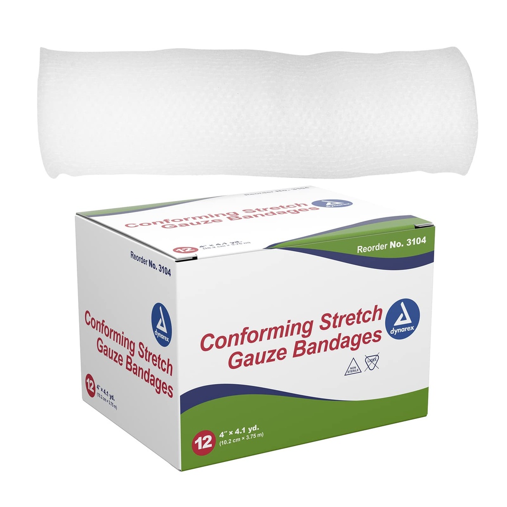 Dynarex Stretch Gauze Bandages, 4" x 4.1 yds, Non-Sterile & Latex-Free, Wound Care in Medical and Home Environments, 1 Box of 12 Dynarex Stretch Gauze Bandages