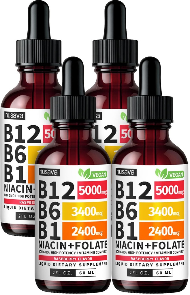 (4 Pack) Witamina B12 i B6 Płynne Krople, B12 Podjęzykowy Witamina B Kompleks - B 12 Witamina 5000mcg - B12 Metylokobalamina dla Energii, Mózg i Wspomaganie Serca z 27,200 mcg, Malina, 80 Służenie