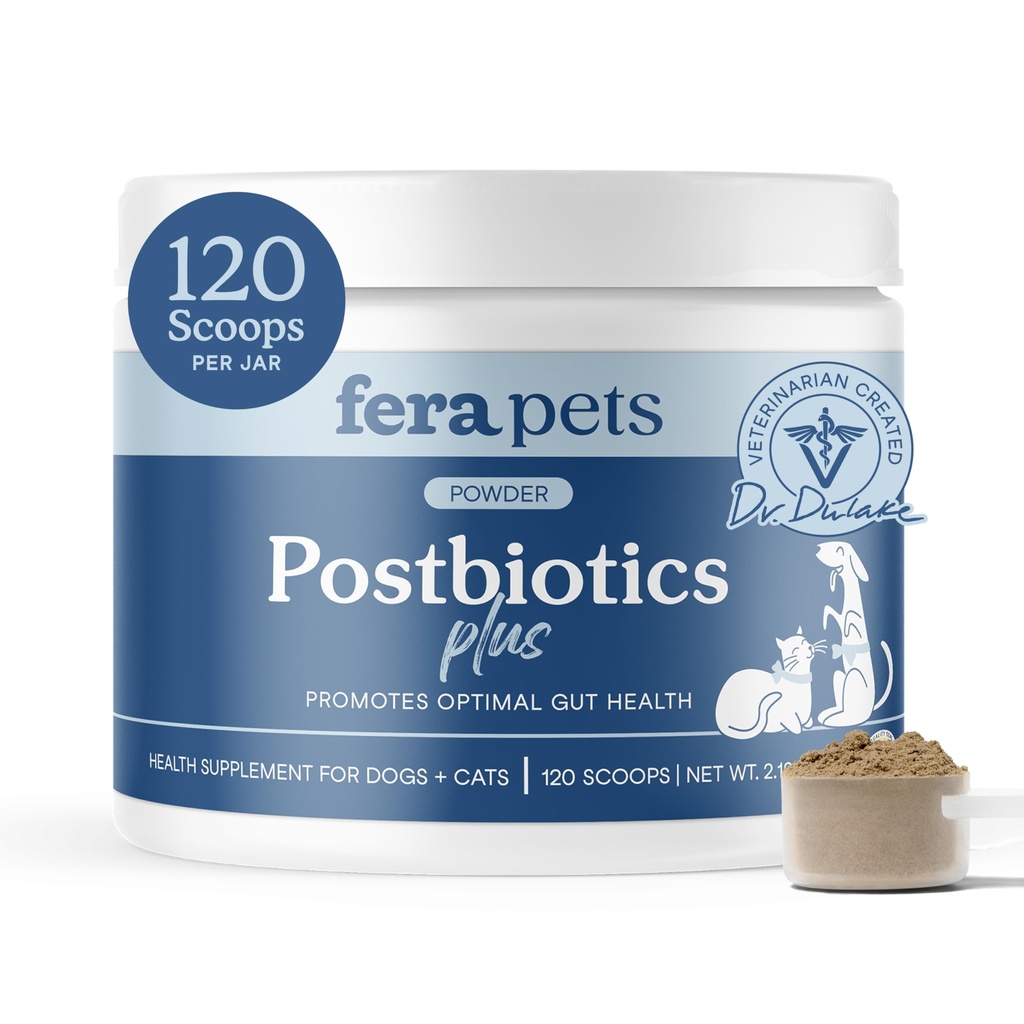 Fera Zwierzęta domowe Postbiotyki Plus Prebiotyki dla psów i kotów - z Śliski Elm - Promotes Optimal Digestive Health & Response - Zwiększenie odporności - 120 Scoops