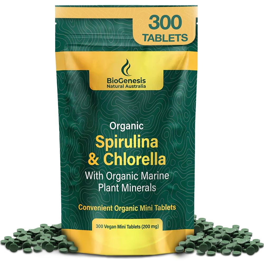 Biogenesis Organic Spirulina, Chlorella & Marine Plant Minerals – 300 Count (200 mg) | Australian Grown Algae Superfood | Support Energy & Immunity | Vegan Mini Tablets