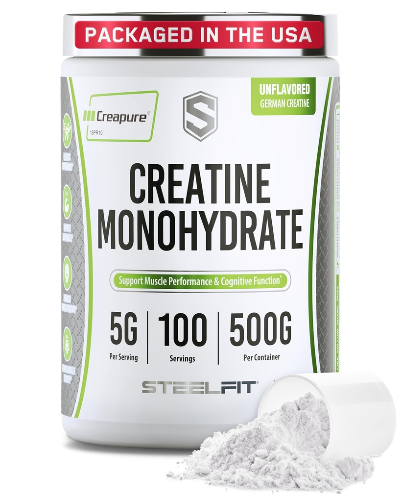 SteelFit Creapure Kreatyna w proszku jednowodzian, Unflavored - Niemiecki zmikronizowany proszek do kreacji dla mężczyzn i kobiet - Siłownia Warsztaty Nutritional Supplements for Muscle Gain, Brain Health & Force Building
