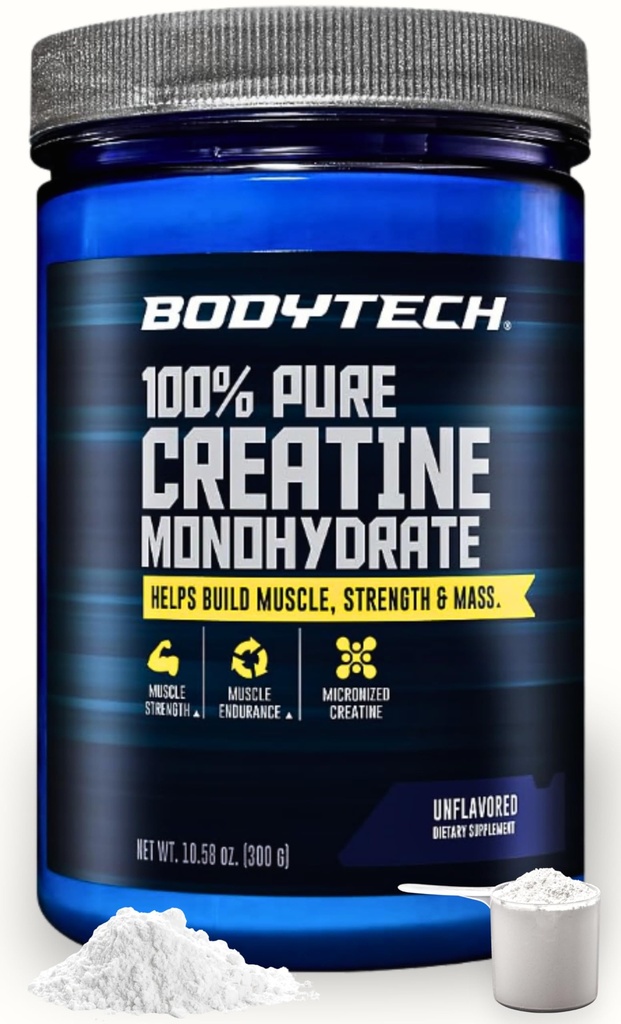 Proszek jednowodny BodyTech Creatine, niearomatyzowana, zmikronizowana formuła dla mężczyzn i kobiet, 5g na serving, pre Workout & Post Workout Supplement, Gluten Free, Sugar Free, 10.58 Oz, 60 Służenie