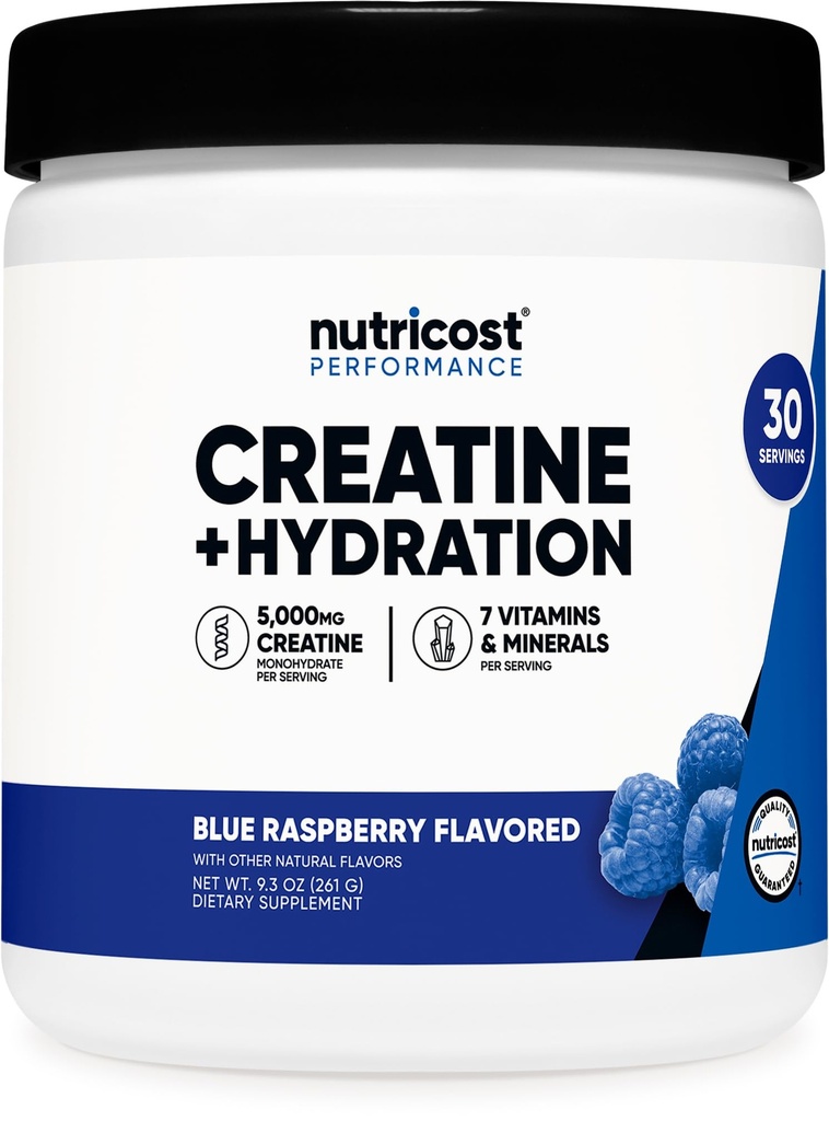 Nutricost Kreatyna Monohydrat + Hydration Niebieski Malina zapachowy (30 Służenia) - 7 Witaminy i Minerały, 5000mg Kreatyny na Podawanie