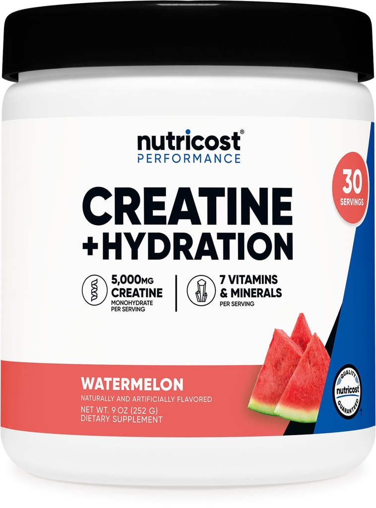 Nutricost Kreatyna Monowodzian + Nawodnienie Arbuz Flavored (30 Służenia) - 7 Witaminy i Minerały, 5000mg Kreatyny na Podawanie
