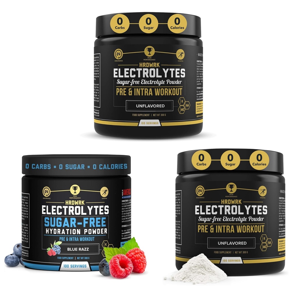 HRDWRK - 100 Służenia Keto Electrolytes Proszek Hydration Sugar Free - Electrolyte Proszek do zwiększenia wytrzymałości i zmniejszenia zmęczenia z suplementem elektrolitów (Unflavored Zestaw 2 & Blue Razz)