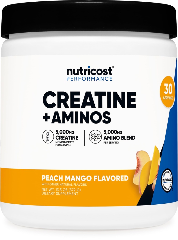Nutricost Creatine + Aminos 30 Servings (Peach Mango Flavored) - 5 000 mg Creatine Monohydrat + 5000mg Amino BCAA Mieszanka na Podawanie