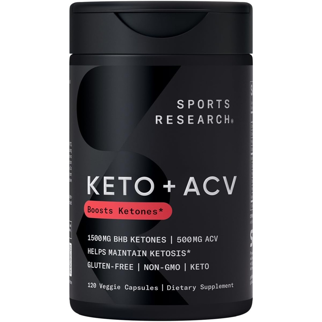 Sports Research ® Keto Plus kapsułki ACV - Dieta Support z 500mg Jabłka Cider Vinegar & 1500mg goBHB ® ketony egzogenne - Gluten Free & Keto Certified - 120 Kapsułek wegetariańskich