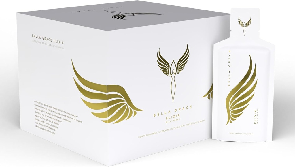 Bella Grace Elixir Colagen Peptydes Suplement do pielęgnacji skóry i zdrowia z Verisol Collagen, AstaReal Astaxanthina i Cat 's Claw, Wspomaga regenerację kolagenu, Antyoksydant Protection, 30 Służenia